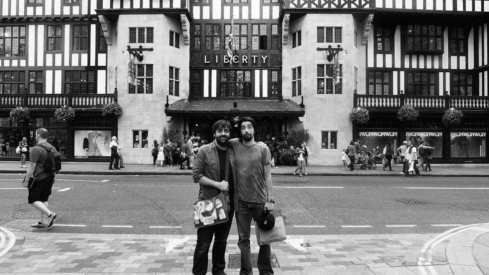 Nathan Dale and Jackie Greene standing together in front of Liberty in London