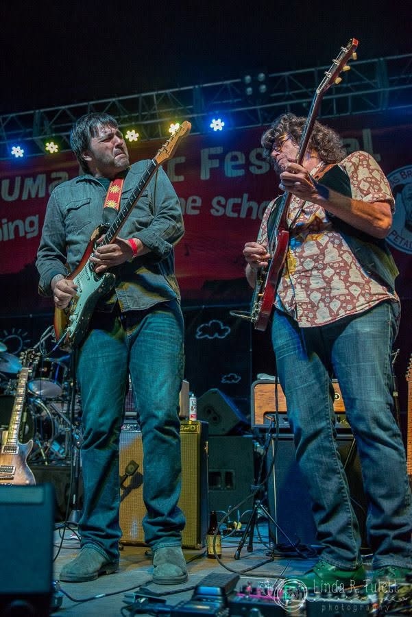 Nathan Dale and Mark Karan playing electric guitars with Jackie Greene at the Petaluma Music Festival on August 6, 2016