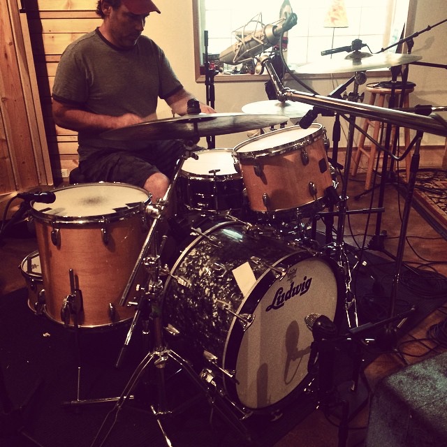 Bruce Spencer recording drums during The Well Curve sessions at The Harm Farm in 2014