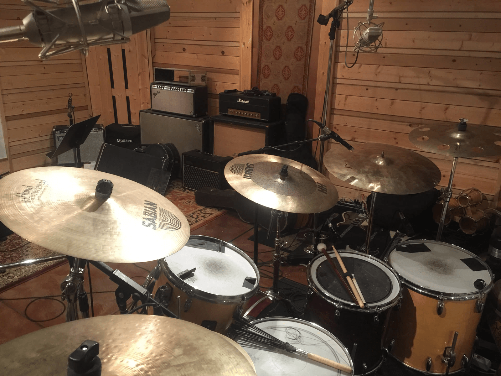 Fully miked drum kit and amplifiers in the drum room at SABIAN Cymbals