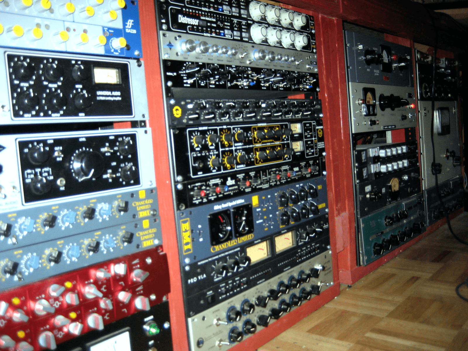Analog compressors, equalizers, and outboard equipment at the old Hangar Studio in Sacramento, California