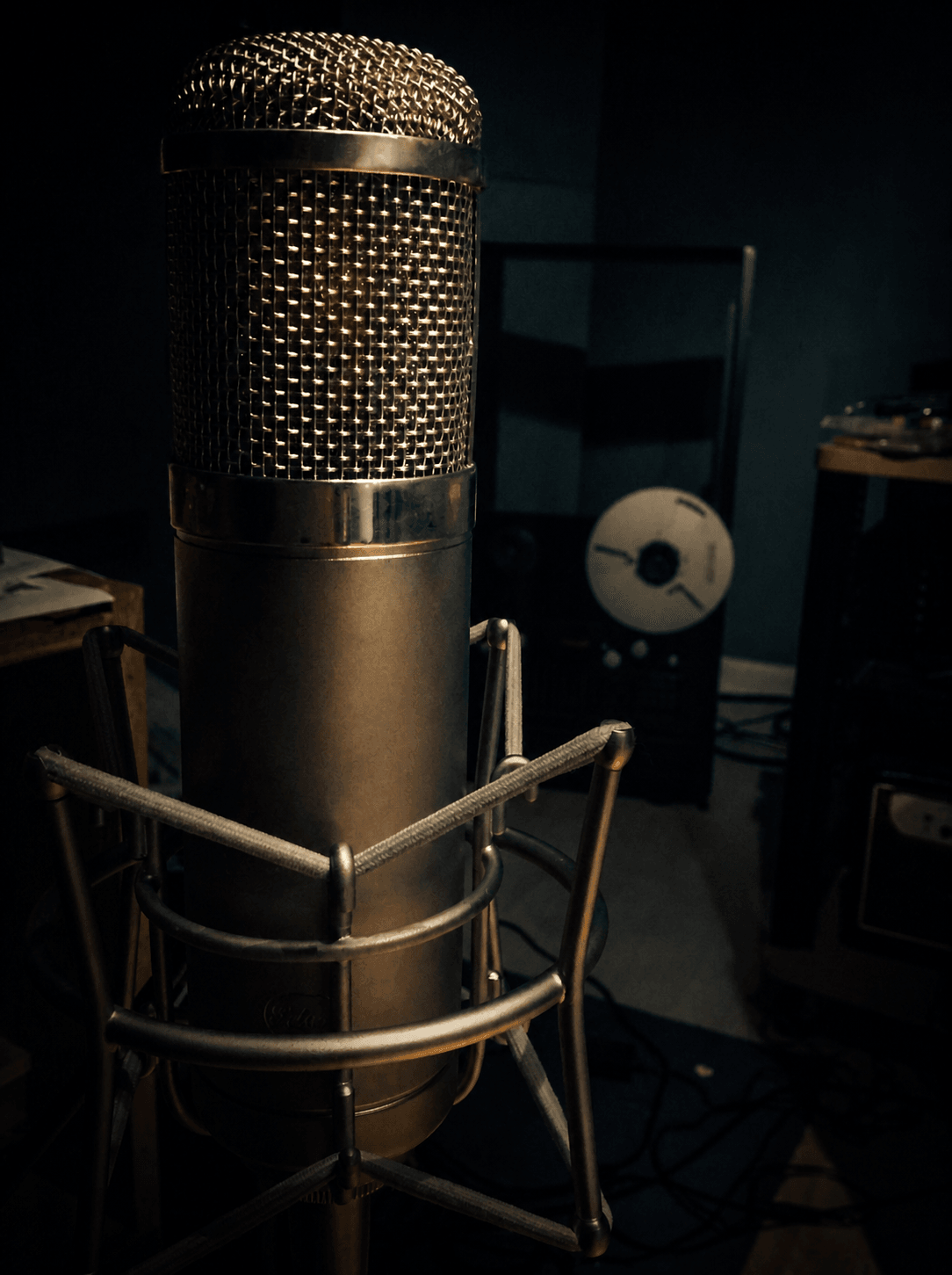 Peluso 2247LE tube condenser microphone with a TASCAM TSR-8 reel-to-reel recorder in the background at Nathan Dale's Magic Pill Music recording studio